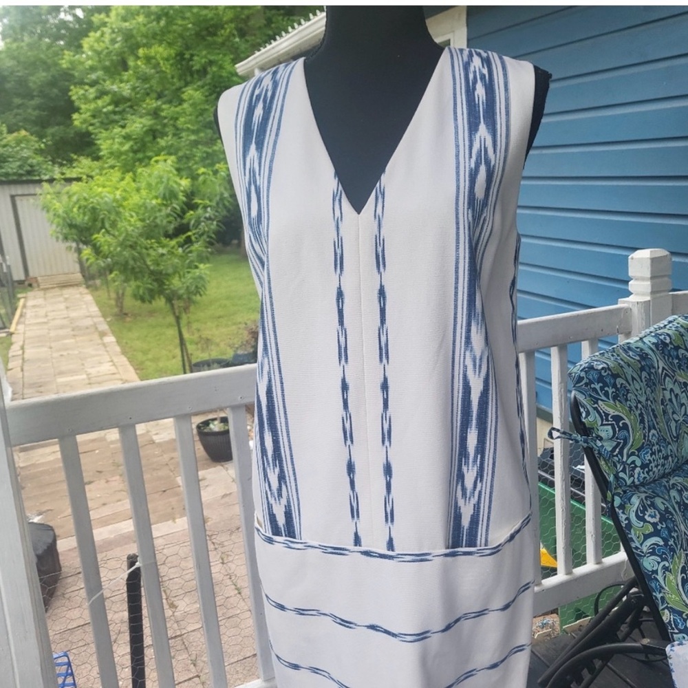 Ralph Lauren White and Navy Ikat-Stripe Asymmetrical Dress